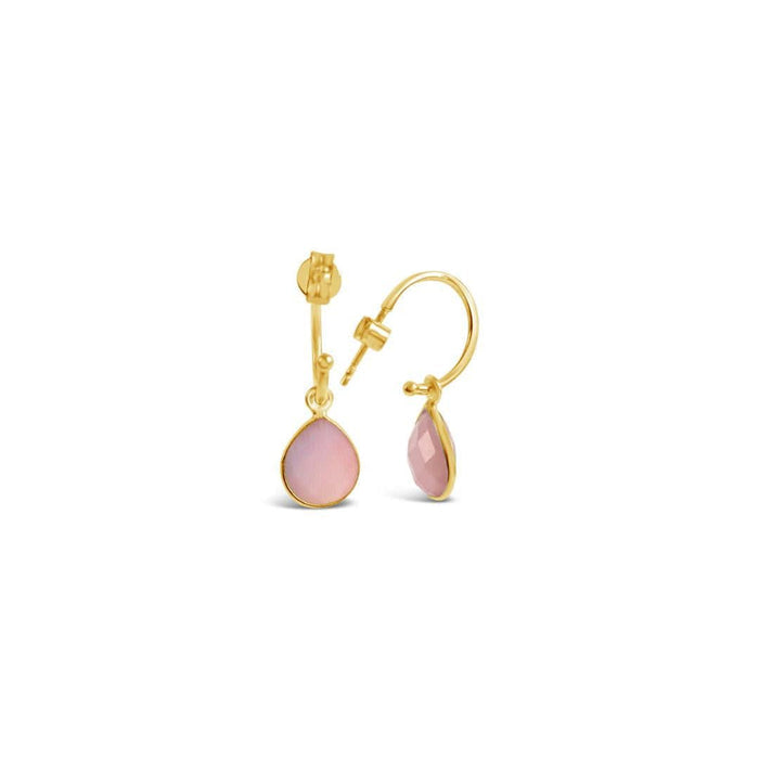 pink opal drop hoop earrings in gold on a white background
