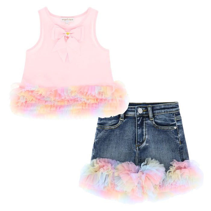 Pink Rainbow Tulle Denim Shorts Set