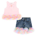 Pink Rainbow Tulle Denim Shorts Set
