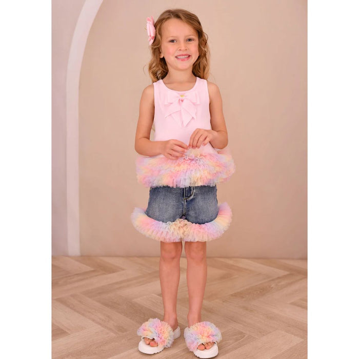 Pink Rainbow Tulle Denim Shorts Set