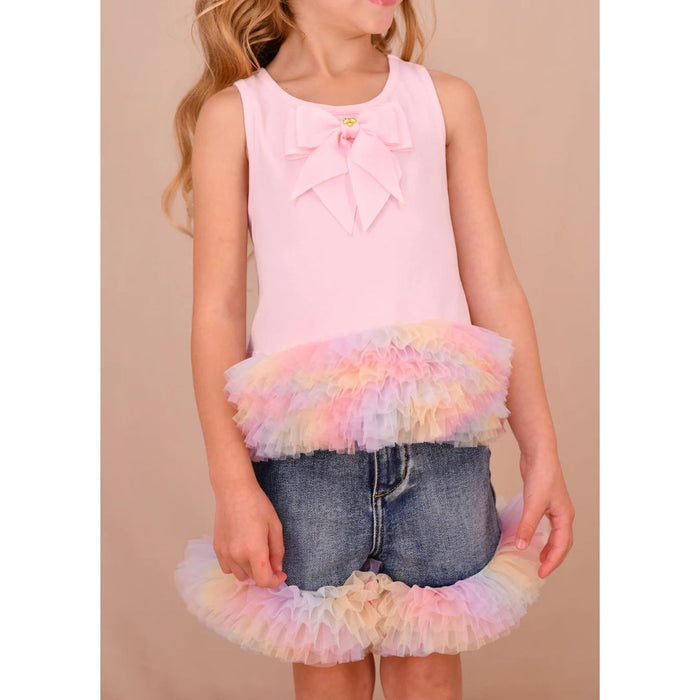 Pink Rainbow Tulle Denim Shorts Set