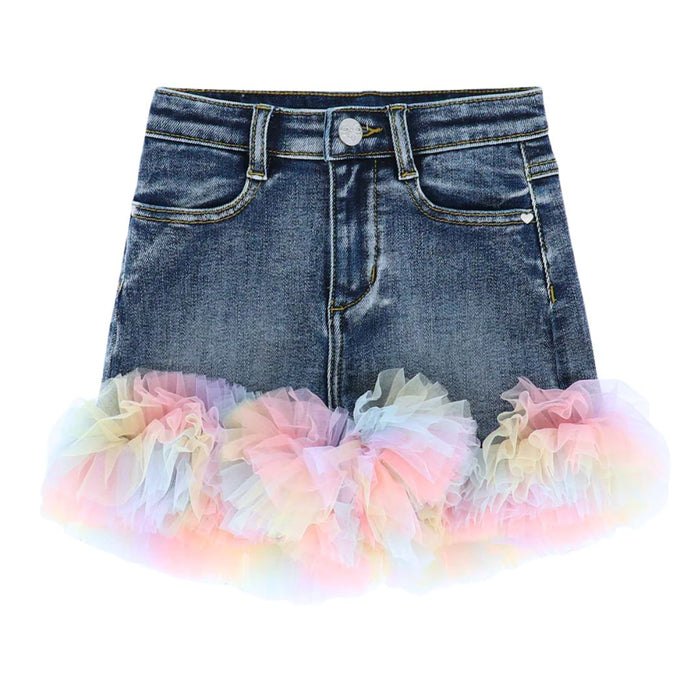 Pink Rainbow Tulle Denim Shorts Set