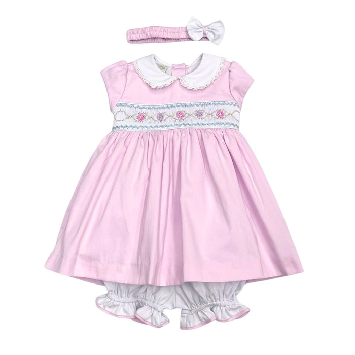 Pink Smocked Dress, Bloomers & Headband