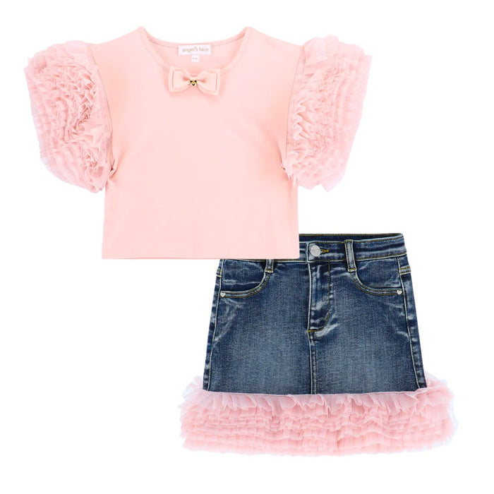 Pink Sparkle Tulle Denim Skirt Set