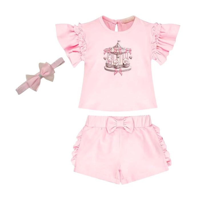 Pink Teddy Carousel Shorts Set & Headband
