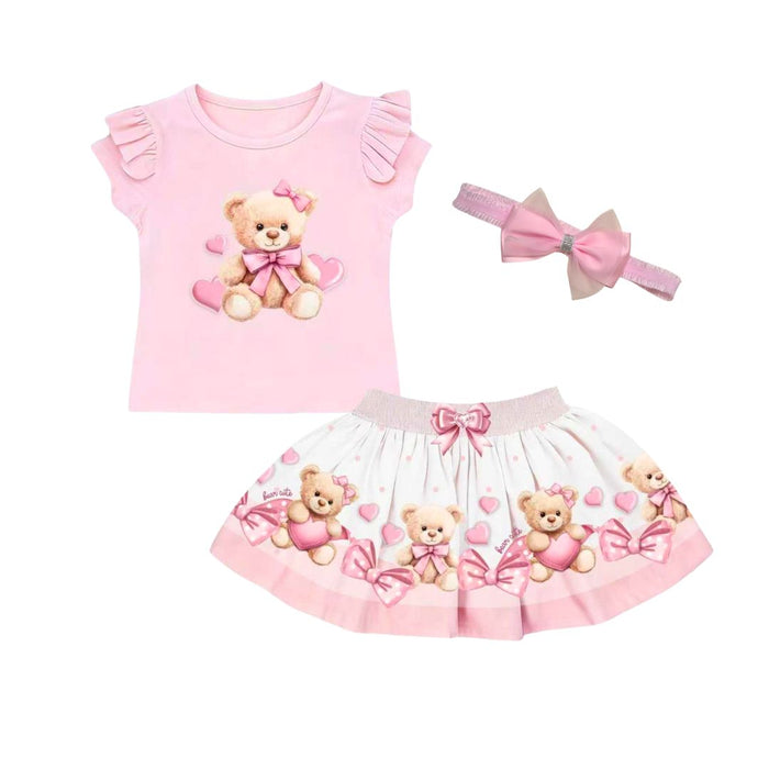 Pink Teddy & Hearts Skirt Set & Headband