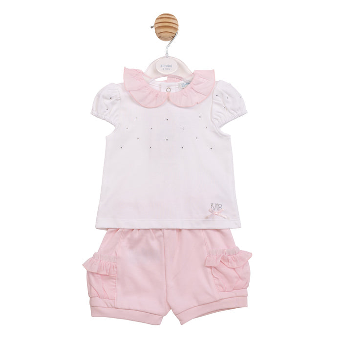 Pink & White Diamanté Shorts Set