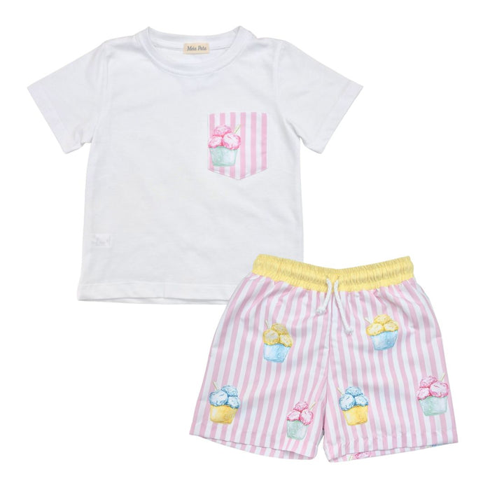 Pink & White Ice Cream Swim Shorts Set