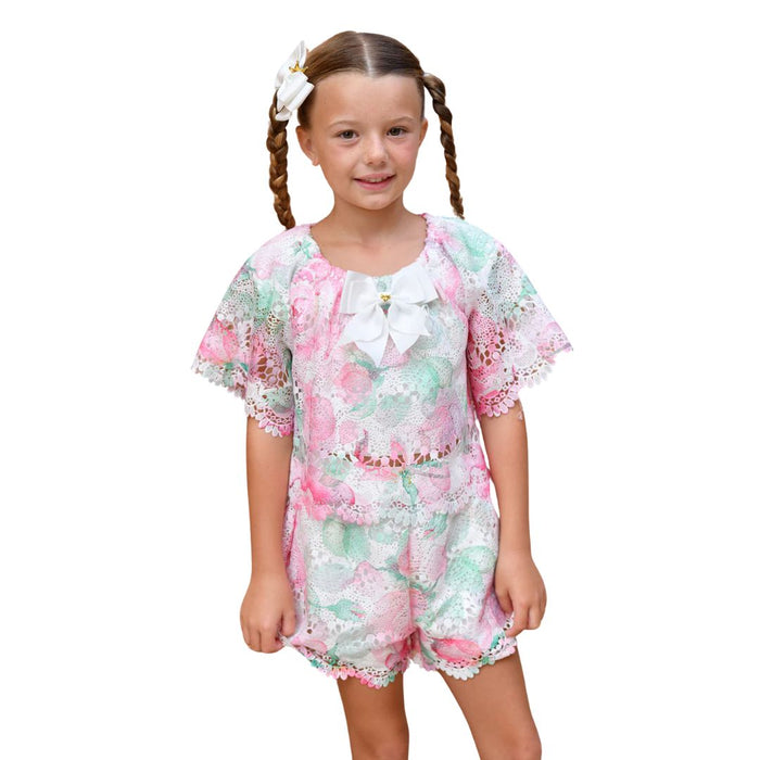 Pink & White Printed Lace Shorts Set