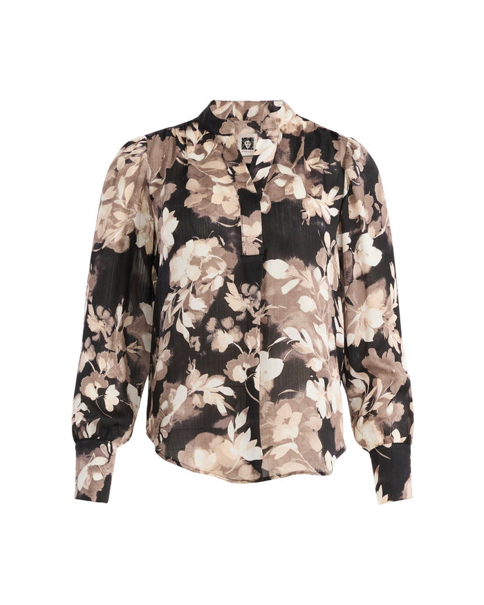Anne Klein ANNE BLACK/LATTE Pleat Front Long Sleeve Blouse