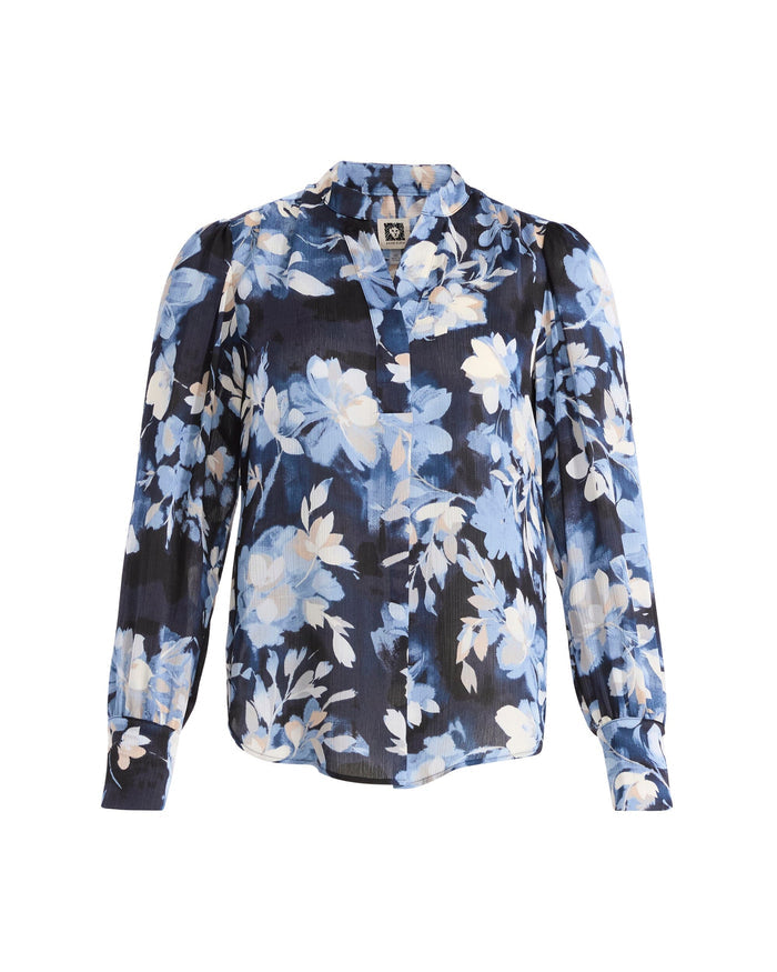 Anne Klein DUTCH BLUE MULTI Pleat Front Long Sleeve Blouse