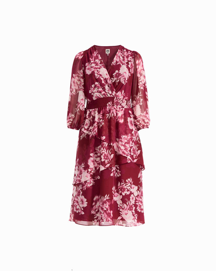 Anne Klein NEW BURGUNDY MULTI Plus Size Tiered V-Neck Midi Dress