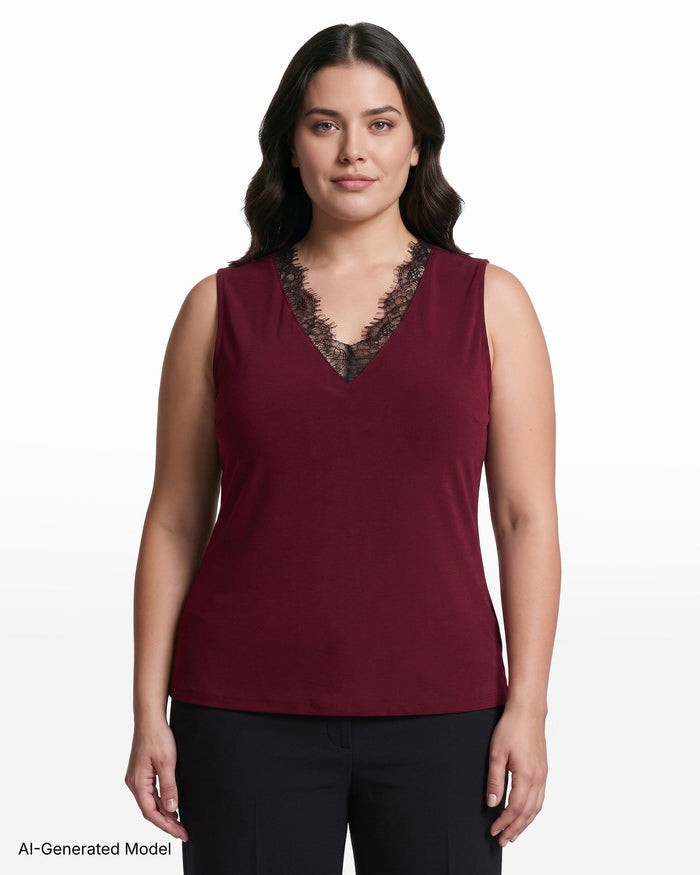 Anne Klein BAROLO Plus Size V-Neck Lace Trim Sleeveless Knit Tank Top