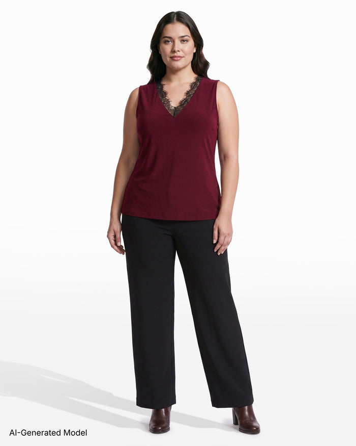 Anne Klein Plus Size V-Neck Lace Trim Sleeveless Knit Tank Top