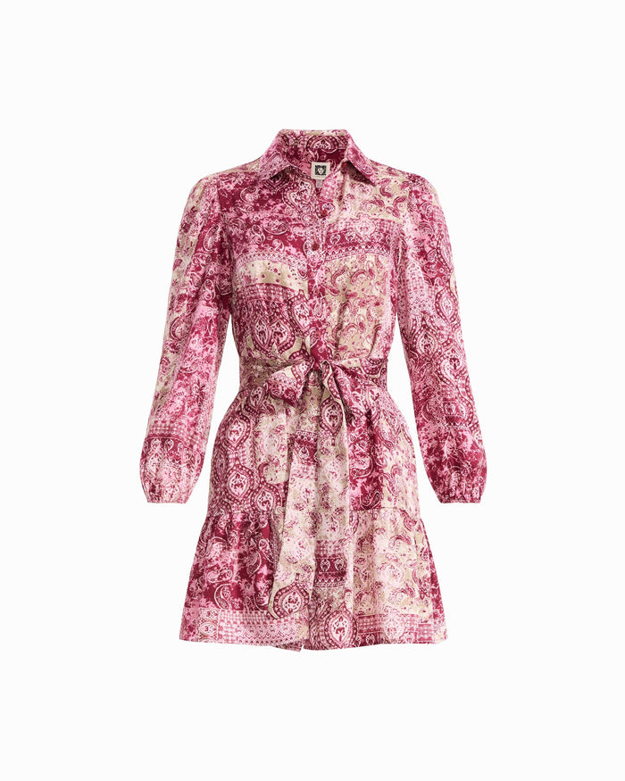 Anne Klein NEW BURGUNDY MULTI Printed Twill Tiered Shirt Dress