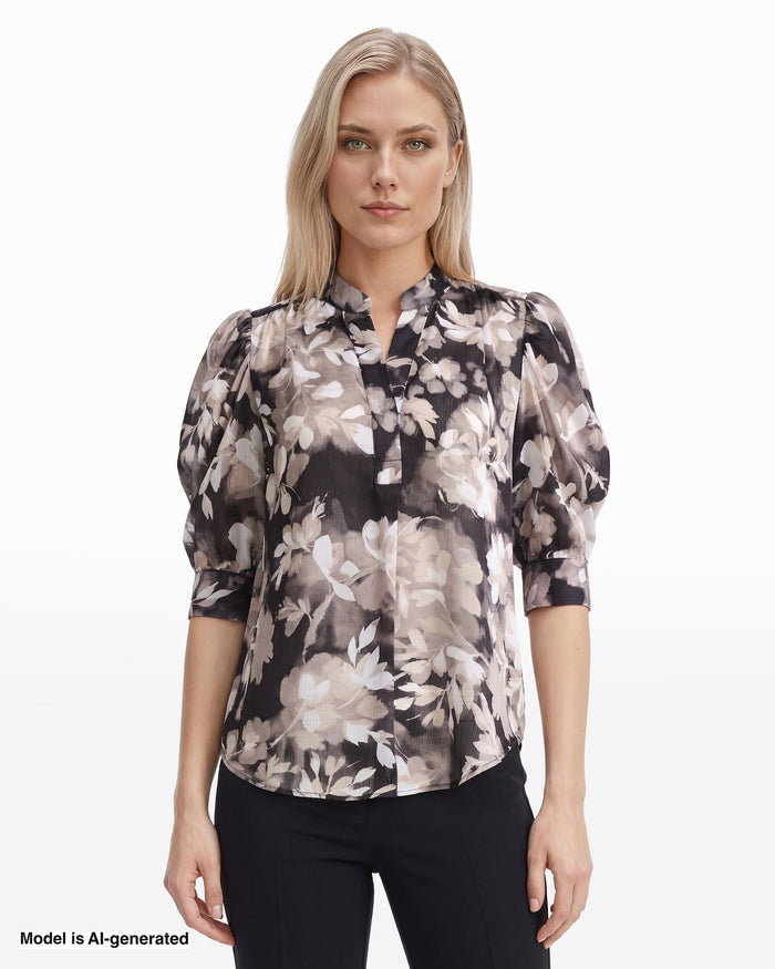 Anne Klein ANNE BLACK/LATTE Puff Sleeve Blouse