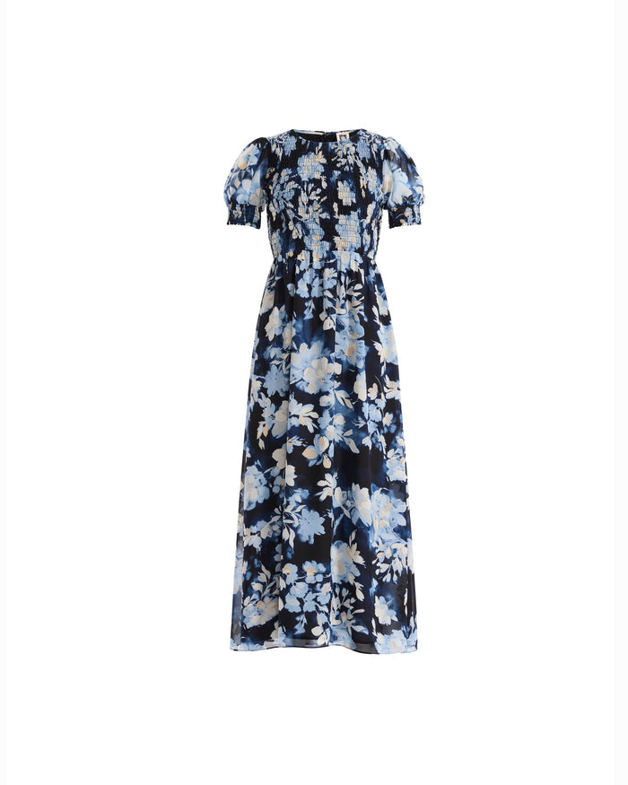 Anne Klein DUTCH BLUE MULTI Puff Sleeve Smocked Maxi Dress