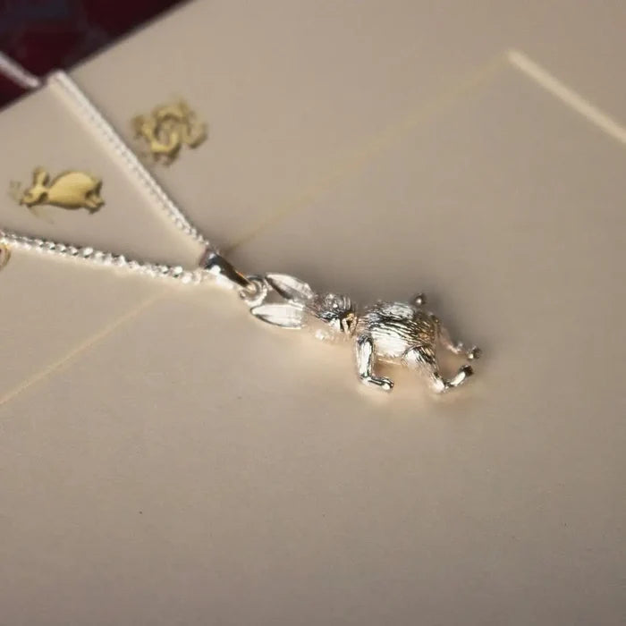 Sterling silver rabbit pendant necklace laid on envelope with embossed animal motifs, gift-ready jewellery