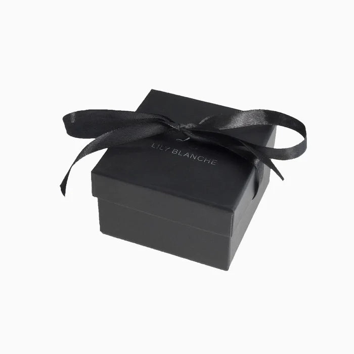 image of a ribbon tied black gift box by Lily Blanche on a white background