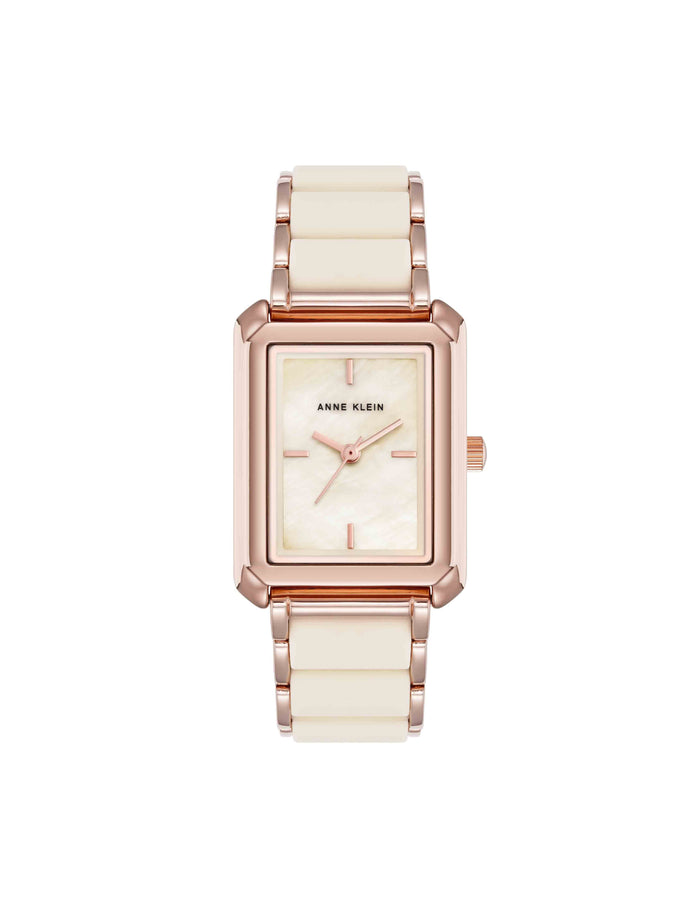 Anne Klein Ivory/Rose-Tone Rectangular Silicone Bracelet Watch