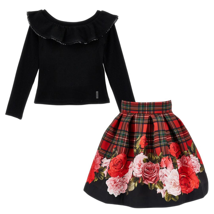 Red & Black Tartan & Roses Skirt Set