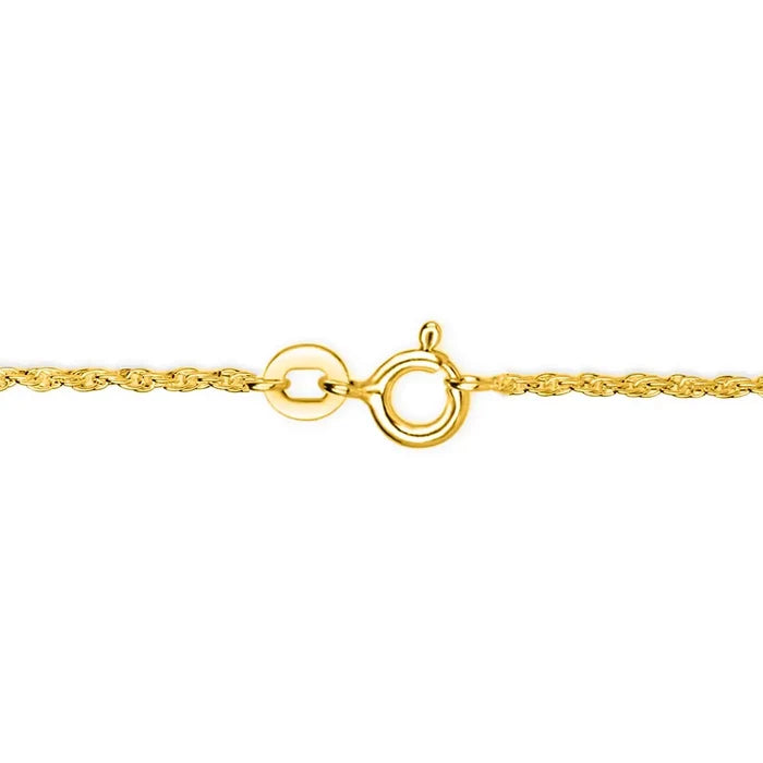 Close-up of gold rope chain necklace with spring ring clasp fastening on a white background