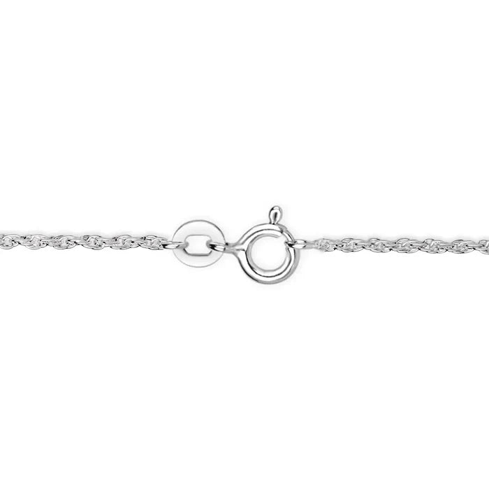 Close-up of sterling silver rope chain necklace with spring ring clasp fastening on a white background