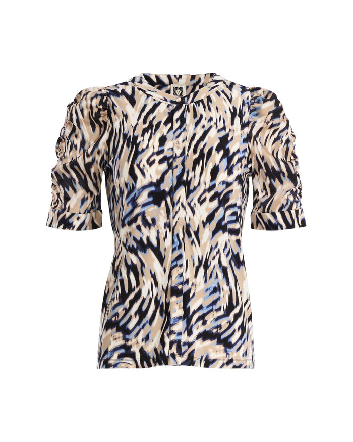 Anne Klein DUTCH BLUE MULTI Ruched Sleeve Pullover Top