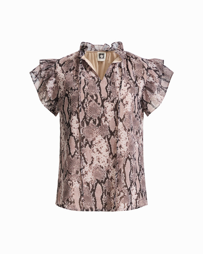 Anne Klein NATURAL CLAY MULT Ruffle Sleeve Tie-Front Blouse