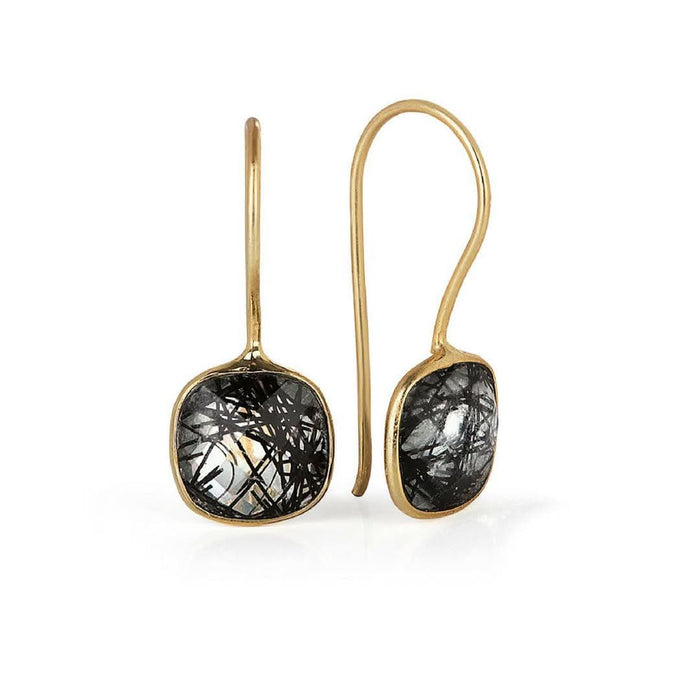 rutilated quartz earrings in gold on a white background