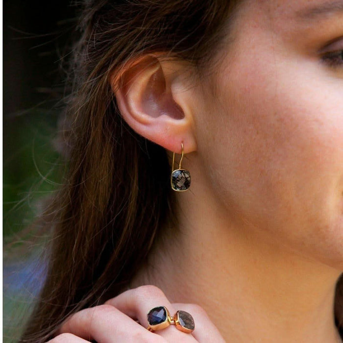 model wearing rutilated quartz earrings in rose gold