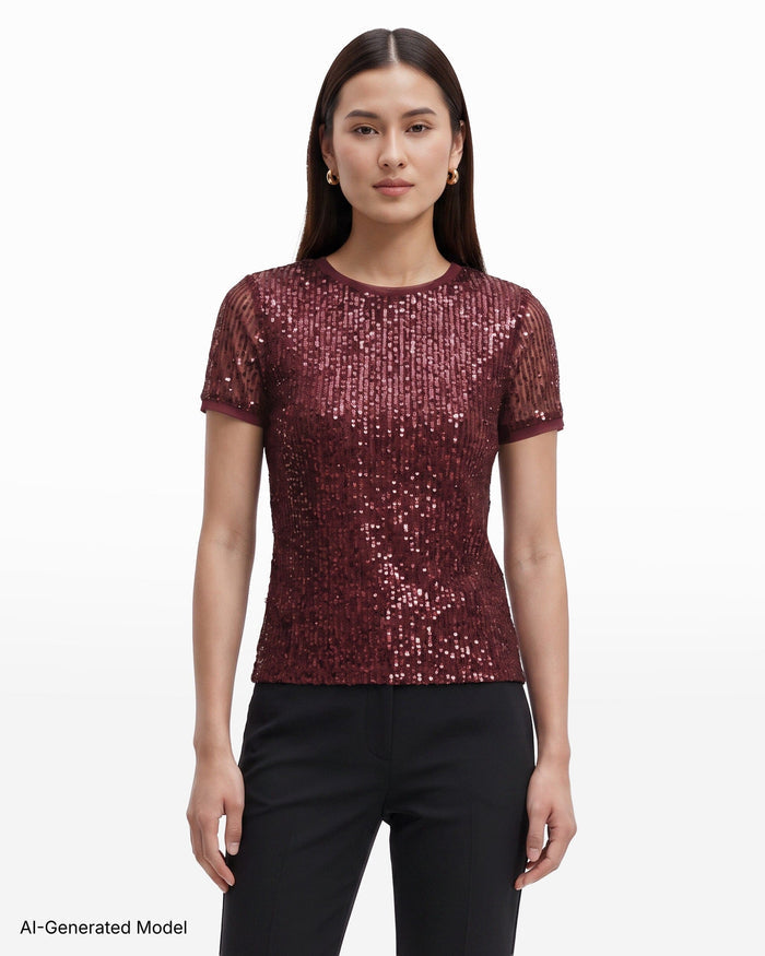 Anne Klein Sequin Crew Neck Knit Top
