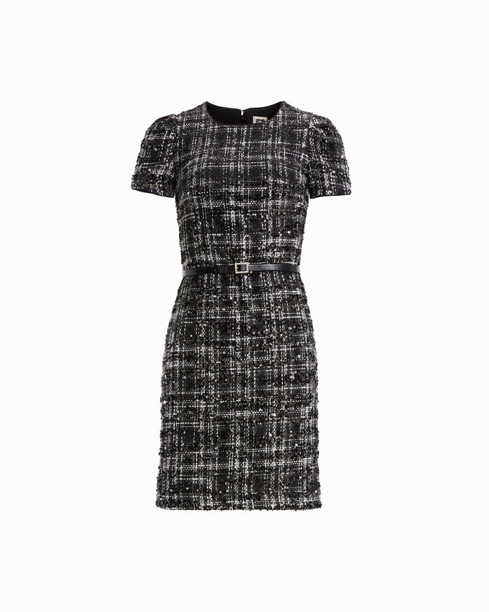 Anne Klein ANNE BLACK/WHITE Sequin Tweed Belted Dress