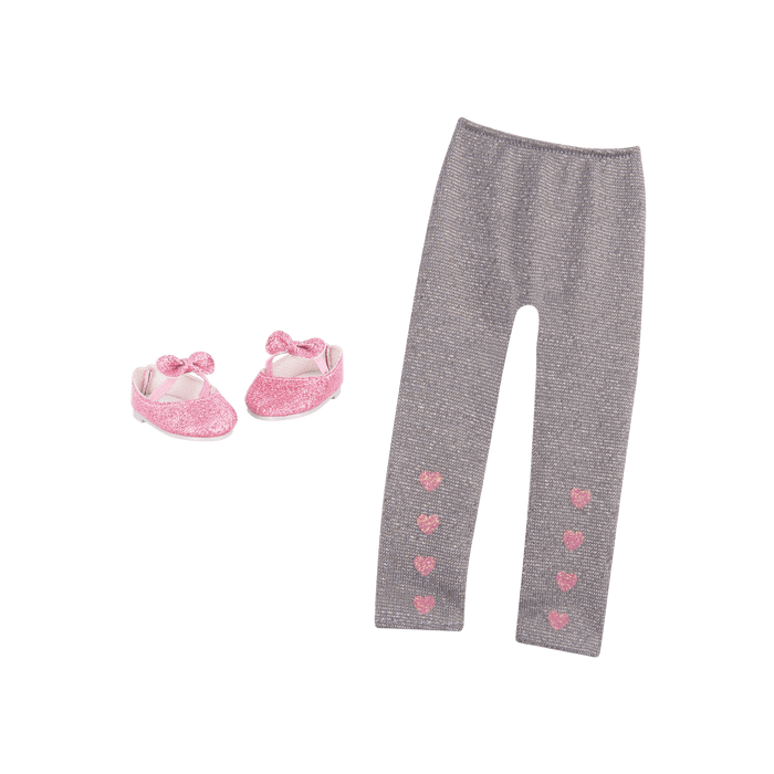 Silver glitter leggings and pink glitter shoes for 14-inch doll