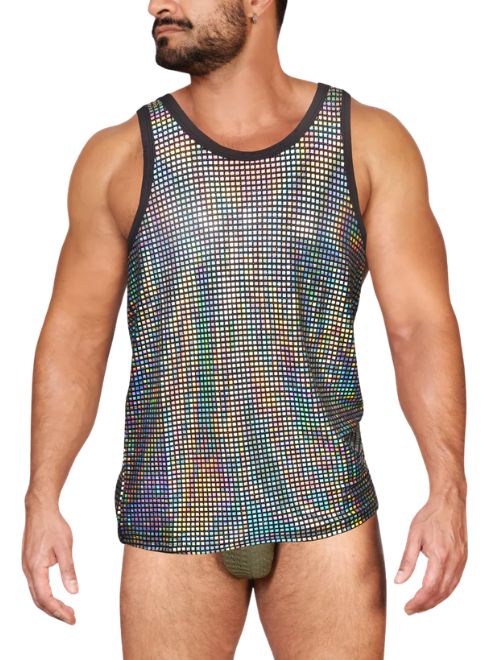 Man wearing a colorful mesh tank top on a white background