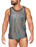 Man wearing a colorful mesh tank top on a white background