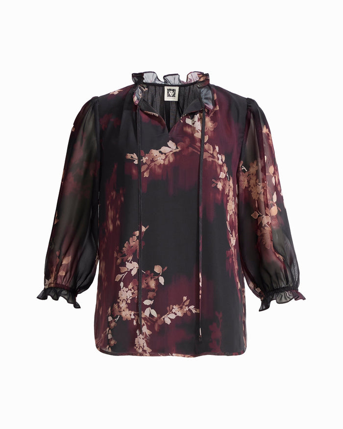 Anne Klein ANNE BLACK MULTI Shirred Sleeve Ruffle Top