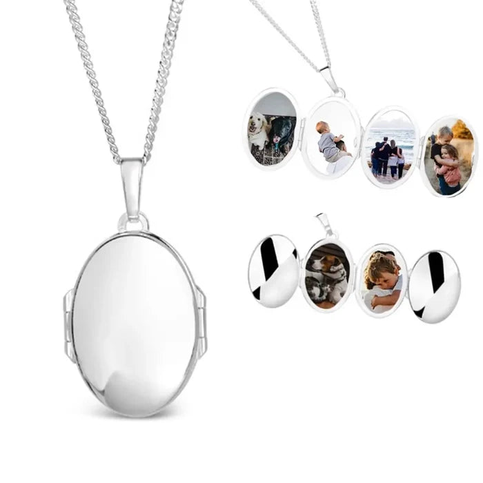 Sterling silver oval locket necklace on a silver chain, shown closed and opened to reveal space for six personalised photos.