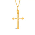 Solid gold cross pendant necklace with polished finish and rounded edges on fine chain, white background