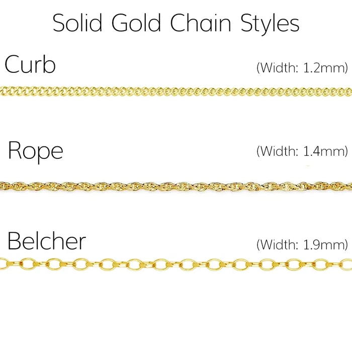 Solid 9ct gold curb and belcher chain styles available for the men’s gold cross pendant.