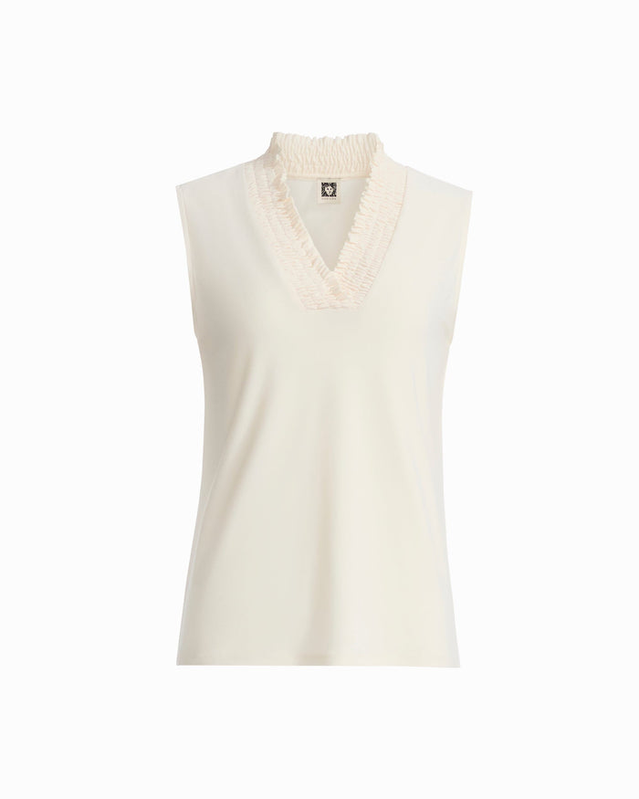 Anne Klein WHITE DOVE Smocked Neckline Sleeveless Top