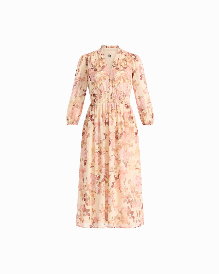 Anne Klein MACADAMIA MULTI Smocked Waist V-Neck Midi Dress