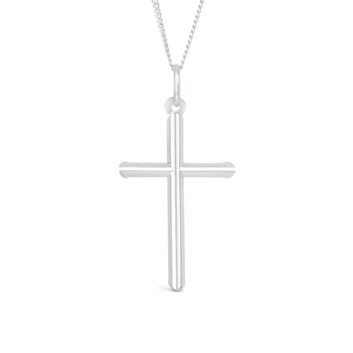 silver cross necklace, sturdy silver curb chain, high polish finish, rounded edges, pendant for men and women