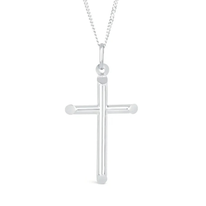 silver cross necklace, sturdy silver curb chain, high polish finish, rounded edges, unisex pendant for men and women, white background