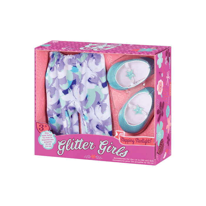 Purple & blue leggings and blue glitter ballet flats for 14-inch doll