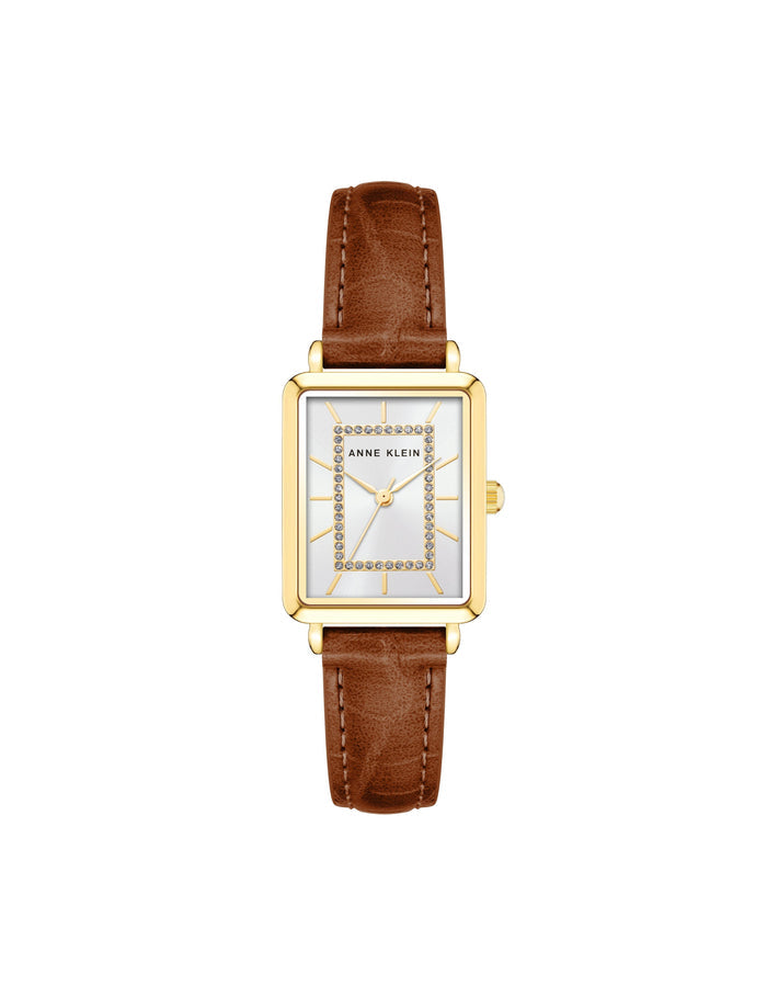 Anne Klein Gold-Tone/Brown Strap Watch with Glittering Dial