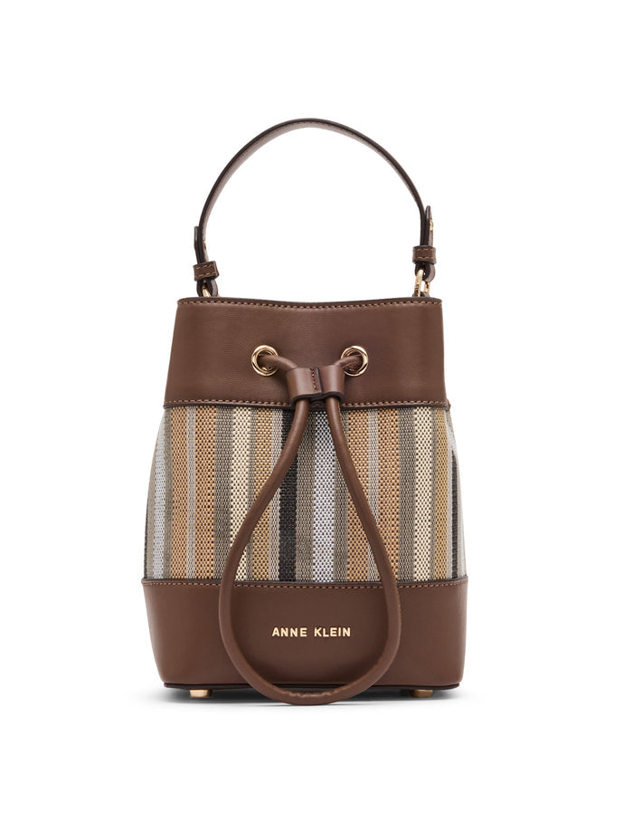 Anne Klein Neutral/Sepia Striped Bucket Crossbody Bag with Convertible Strap