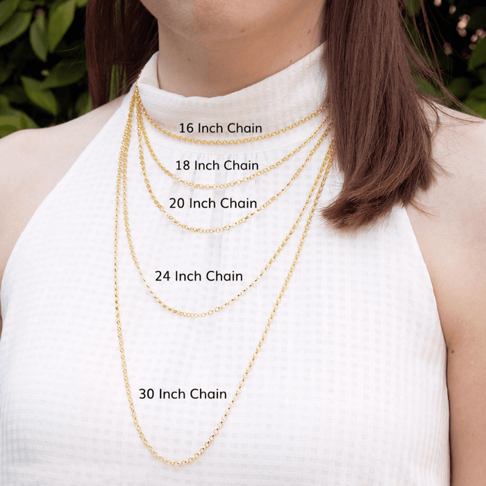 chain length options, model wearing five chain options depicting their lengths, 16 inch, 18 inch, 20 inch, 24 inch and 30 inch chains