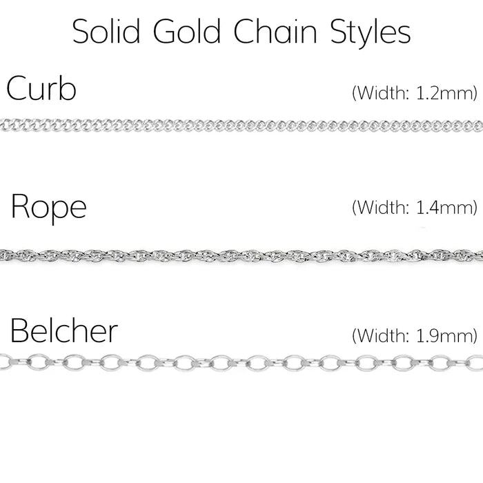Men’s solid white gold chain styles showing curb, rope and belcher chains with widths 1.2mm, 1.4mm and 1.9mm
