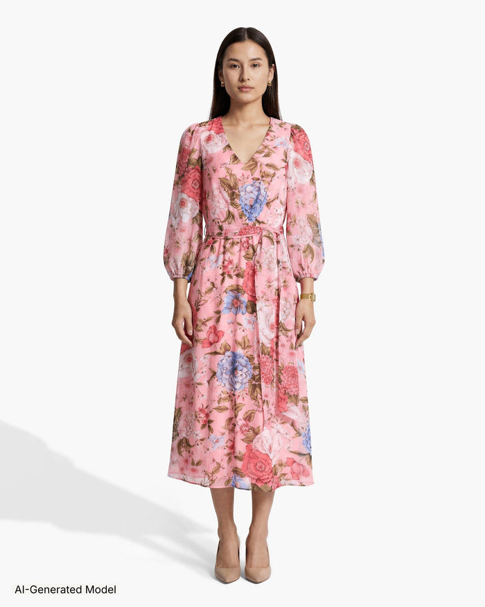 Anne Klein CALYPSO CORAL MULTI Three-Quarter Sleeve Midi Length Dress